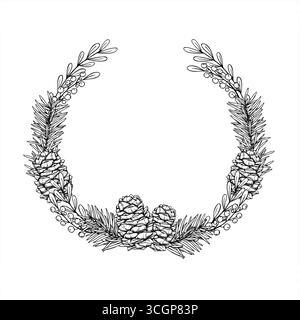 Weihnachtsbaumzweige mit Kegeln monochromer Vektorkranz mit Kopierraum für Text. Winterlicher, runder Rahmen. Weihnachtsschablone mit Fichtenzweigen Stock Vektor