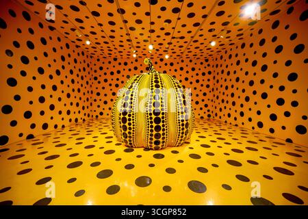 Yayoi Kusama Pumpkin Skulptur Installation Hirshhorn Museum Washington DC // WASHINGTON DC - Yayoi Kusama's Pumpkin Skulptur Installation ist im Hirshhorn Museum and Sculpture Garden zu sehen. Diese immersive Umgebung, die charakteristisch für den japanischen zeitgenössischen Künstler ist, zeigt einen großen gelben Kürbis, der mit schwarzen Polka Dots bedeckt ist. Wände, Decke und Boden des Raumes sind ähnlich mit Polka Dots verziert, was ein unverwechselbares Kusama-Erlebnis schafft. Das Hirshhorn Museum, eine Smithsonian Institution, widmet sich der modernen und zeitgenössischen Kunst. Kusama ist bekannt für ihre avantgardistische Kunst, einschließlich Stockfoto