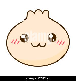 Niedliche Baozi-Figur mit geöffneten Augen und glücklichem Gesicht isoliert auf weiß. Abbildung Des Traditionellen Chinesischen Dumpling-Umrisses Stock Vektor