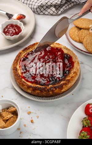 Spatel, der einen Erdbeerkäsekuchen auf einem Marmortisch schneidet, mit Zutaten. Stockfoto