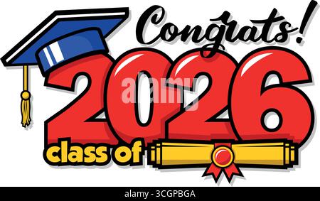 2026-Klasse-Absolventen-Header. Dekoriere die Gratulation für Schulabsolventen im Comic-Stil. Vektor auf transparentem Hintergrund Stock Vektor