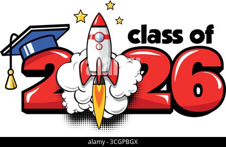 2026 Bannervorlage für Start-up-Kurse. Schneller Raketenstart im echten Leben. Vektor im Comic-Stil auf transparentem Hintergrund Stock Vektor