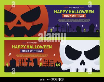 Einfache horizontale Halloween-Banner mit gruseligen Kürbissen, fliegenden Geistern, lächelndem Schädel, Friedhof-Silhouetten und Metallzäunen. Stock Vektor