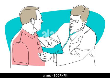 Einzelne durchgehende Zeichnungsbilder von Arzt, der einen Patienten mit Stethoskop in der Praxis untersucht. Editierbarer Schlaganfall. Vektor . Stock Vektor