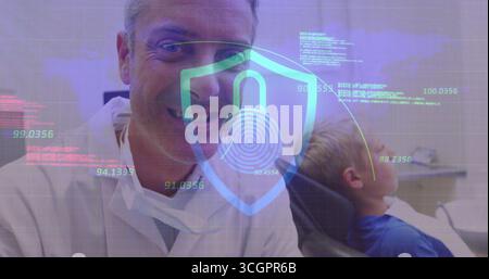 Lächelnder Zahnarzt im weißen Mantel in der Klinik mit Jungen im Stuhl mit Lätzchen, digitalen Überzügen Stockfoto