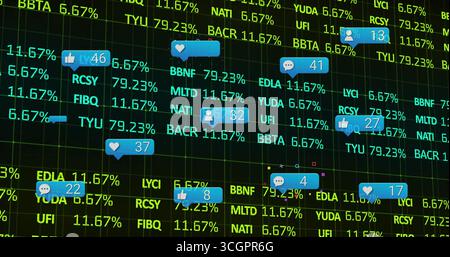 Anzeigen von schwankenden Social-Media-Symbolen, die die Trading-UI mit Aktientickern und Prozentsätzen überlagern Stockfoto