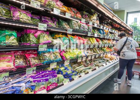 Miami Florida, Trader Joe's, Supermarkt für Lebensmittelgeschäfte, Inneneinrichtung, Frischprodukte, Gemüsegang, Bio-Grünkohl-Spinat, Stockfoto