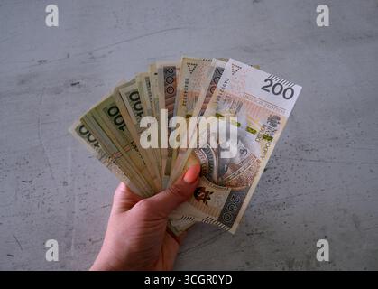 Detaillierte Nahaufnahme der Banknoten mit polnischer Zloty- und Euro-Währung. Stockfoto