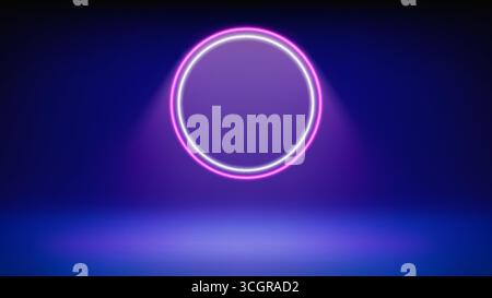Blauer Hintergrund für futuristische Bühne. Raum beleuchtet von kreisförmigem, weißem Magenta Neon, modernem LED-Halogenstrahler. Hintergrund für die Anzeige des Produkts Stock Vektor