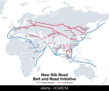 New Silk Road, Belt and Road Initiative, politische Karte. Der Belt and Road Economic Corridor und seine Pfadstädte. Stockfoto