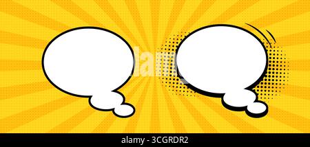 Ein Set aus zwei Sprechblasen im Retro-Comic-Stil auf gelbem Hintergrund mit Strahlen. Stock Vektor