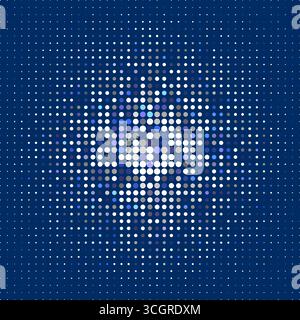 Blauer abstrakter Hintergrund mit vielen kleinen blauen Punkten. Halbton mit farbigen und neonfarbenen Kreisen. Stock Vektor