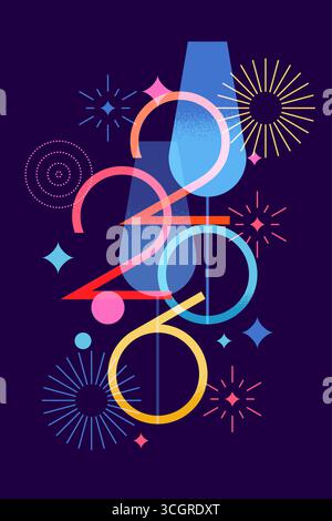 Vertikales Silvester-Banner 2026. Vektor-Illustration von Cocktails oder Champagner und Feuerwerk. Designelemente für die Einladung zur Abendparty, festliche M Stock Vektor