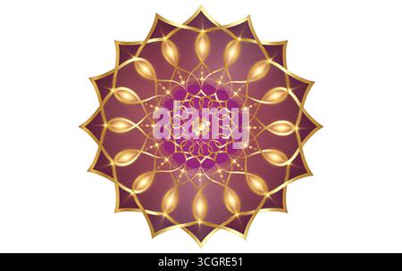 Lotusblüte Mandala, goldenes luxuriöses Blumenschmuck, arabisches Logo. Lila Blumenblüte Symbol für Yoga, Spa, Schönheitssalon, Kosmetik, Entspannen, Stock Vektor