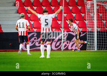 Eindhoven, Niederlande. August 2025. EINDHOVEN, 29-08-2025, PSV Campus de Herdgang, Saison 2025/2026, niederländischer Keuken Kampioen Divisie Football, Spiel zwischen Jong PSV und Jong AZ, Bild zeigt 1-0 Credit: Pro Shots/Alamy Live News Stockfoto