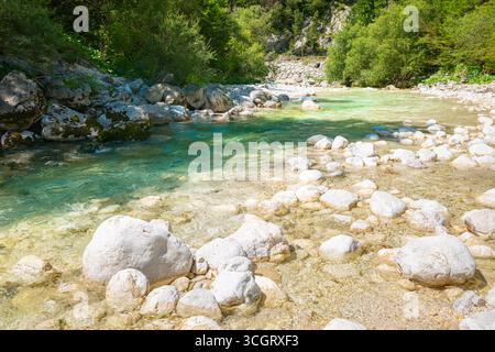 Kristallklarer Fluss umgeben von hellen weißen Felsen und üppigem Grün in der Nähe von Soča im Triglav Nationalpark, Slowenien Stockfoto