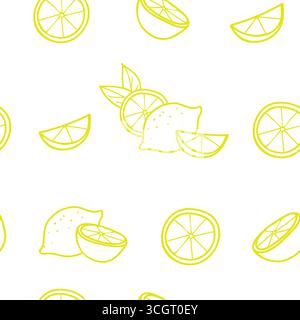 Nahtloses Zitronenmuster in minimalistischem Stil. Handgezeichnete Doodle-Illustration von ganzen Früchten und geschnittenen Zitrusscheiben in gelber Farbe. Für Papier Stock Vektor