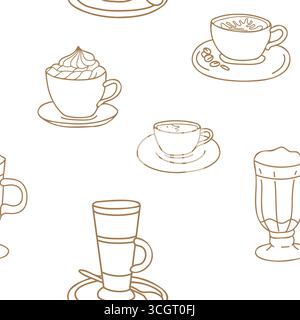 Nahtloses Kaffeemuster. Cappuccino, Americano oder Espresso mit Schlagsahne, Latte, irischem oder Iced Coffee Cocktail im Doodle-Stil. Braun Stock Vektor
