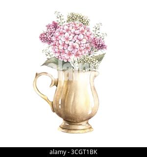 Blumenstrauß in einer Vase aus Blütenhortensie rosa und kleinen Blütenständen von Blüten mit Blättern. Botanische Illustration mit Aquarell. Geeignet für Begrüßungen Stockfoto