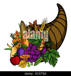 Thanksgiving Cornucopia Vektor Illustration mit einer lebhaften Anordnung von herbstlichen Früchten, Gemüse und Körnern, die aus einem rustikalen Braun überfließen Stock Vektor