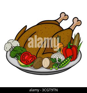 Festliche Thanksgiving geröstete Truthahn Vektor-Illustration mit ausgewähltem Gemüse auf einem Teller, mit lebhaften Farben und Cartoon-Stil. Stock Vektor
