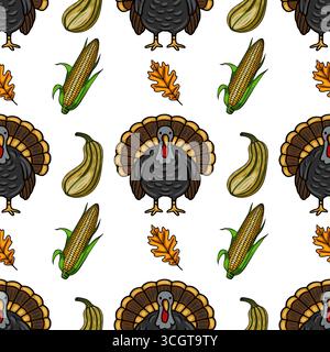 Nahtloser Vektor Thanksgiving Muster mit einem charmanten Zeichentrick truthahn, Mais, Kürbis und Herbstblätter, perfekt für festliche Designs. Stock Vektor