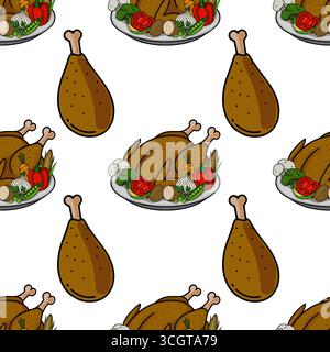 Nahtloses Vektormuster mit einem gerösteten truthahn mit verschiedenen Gemüsesorten auf einem Teller, ergänzt durch einzelne putenbeine, die eine festliche Tha schaffen Stock Vektor