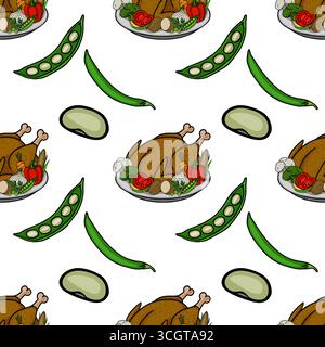 Ein entzückendes nahtloses Vektor-Muster, das einen gerösteten truthahn mit verschiedenen Gemüsesorten, einschließlich Erbsen, Bohnen und Mais, auf einem makellosen weißen Backgr zeigt Stock Vektor