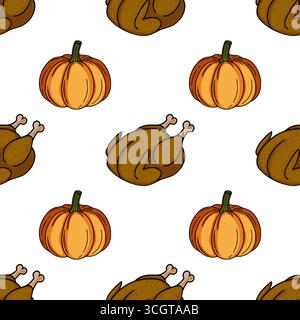 Nahtloses Vektormuster mit geröstetem truthahn und Kürbissen, ein fröhliches Thanksgiving-Design mit handgezeichneten Illustrationen in Orange und Braun Stock Vektor