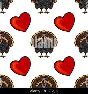 Nahtloses Vektormuster mit Thanksgiving-Truthühnern und roten Herzen, ein charmantes Design perfekt für festliche Feiern und saisonale Projekte. Stock Vektor
