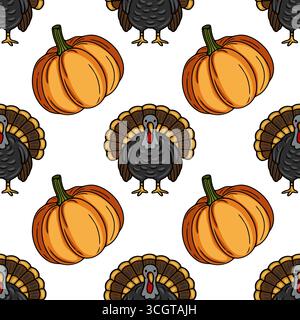 Nahtloses Vektormuster mit abwechselnden Cartoon-Truthähnen und Kürbissen, ideal für Thanksgiving-Designs, mit leuchtendem Orange und Bro Stock Vektor