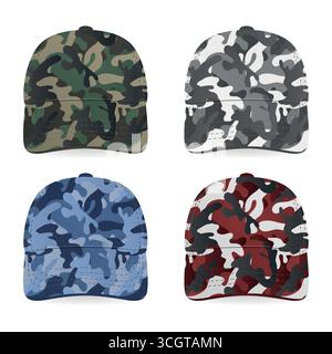 Set Aus Camouflage Baseball Cap. Vector Camouflage Baseball Cap mit Army Muster in Grün, Grau, Blau und Rot Farben. Camouflage Baseball Cap Design für Stock Vektor