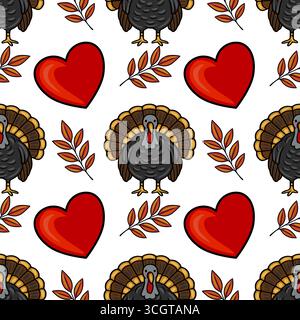 Nahtloses Vektormuster mit Thanksgiving-Truthühnern, roten Herzen und Herbstblättern, die ein festliches und herzerwärmendes Design schaffen, ideal für den Urlaub ce Stock Vektor