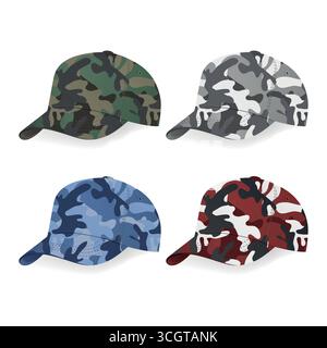 Set Aus Camouflage Baseball Cap. Vector Camouflage Baseball Cap mit Army Muster in Grün, Grau, Blau und Rot Farben. Camouflage Baseball Cap Design für Stock Vektor