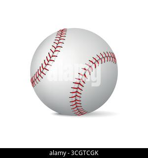 Vektor 3D realistischer Baseballball. Vektor-Baseballball mit roten Nähten auf weißem Leder. Professioneller Baseballball für Sportausrüstung, Spiel Stock Vektor