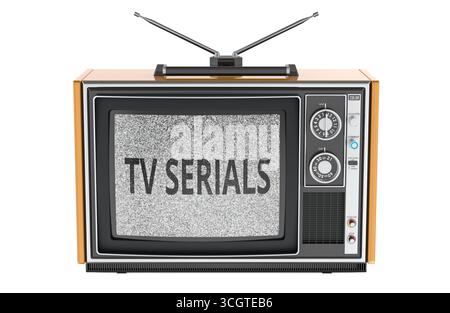 TV-Serien-Konzept mit Retro-TV. 3D-Rendering isoliert auf weißem Hintergrund Stockfoto