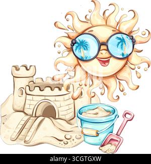 Sonniger Strandtag mit fröhlicher Sonne und verspielter Sandburg für Sommerferien und Feierlichkeiten Stock Vektor