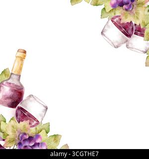 Aquarellweinkompositionen mit Trauben, Flaschen, Gläsern und Fass, isoliert auf weißem Hintergrund. Elegantes, handgemaltes Clipart, perfekt für Einladungen Stockfoto