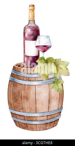 Handgemalte Wasserfarben-Weinkompositionen isoliert auf weißem Hintergrund. Flaschen, Gläser, Fässer, Trauben, Feigen und Spritzer. Perfekt für Einladungen, Stockfoto