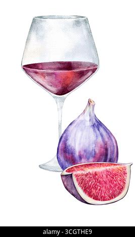 Handgemalte Wasserfarben-Weinkompositionen isoliert auf weißem Hintergrund. Flaschen, Gläser, Fässer, Trauben, Feigen und Spritzer. Perfekt für Einladungen, Stockfoto