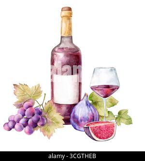 Handgemalte Wasserfarben-Weinkompositionen isoliert auf weißem Hintergrund. Flaschen, Gläser, Fässer, Trauben, Feigen und Spritzer. Perfekt für Einladungen, Stockfoto