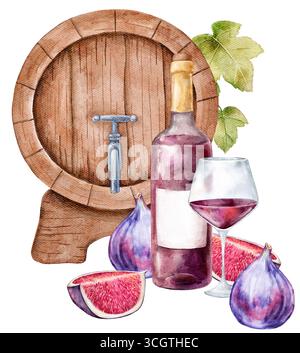 Handgemalte Wasserfarben-Weinkompositionen isoliert auf weißem Hintergrund. Flaschen, Gläser, Fässer, Trauben, Feigen und Spritzer. Perfekt für Einladungen, Stockfoto