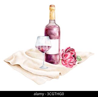 Handgemalte Wasserfarben-Weinkompositionen isoliert auf weißem Hintergrund. Flasche Rotwein, Glas, Serviette. Date, St. Valentinstag. Perfekt für Inv Stockfoto