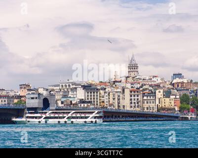 Panoramablick auf Istanbuls Uferpromenade mit historischen Gebäuden und dem Galata-Turm, der sich über der Skyline erhebt Stockfoto