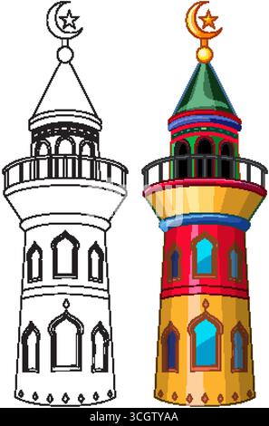 Nahöstlicher Minarettvektor in lebendigen Farben und Schwarzweiß-Umrissen, Cartoon-Stil, vertikale Komposition Stock Vektor