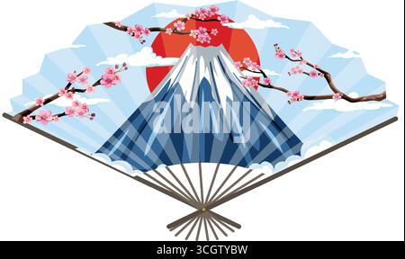 Vektor-Illustration des Fuji, Kirschblüten und Sonne auf einem traditionellen japanischen Faltventilator Stock Vektor