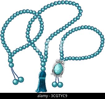 Vektor-Illustration von türkisfarbenen Gebetsperlen, kunstvollen Anhänger und Quaste, isoliert auf weißem Hintergrund Stock Vektor