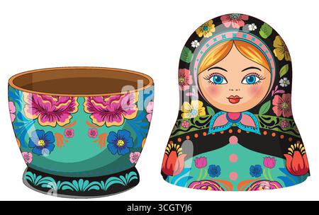 Farbenfroher Vektor traditioneller russischer Nistpuppe, aufgespalten, mit lebendigen Blumenmustern der Volkskunst. Stock Vektor