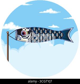 Vektorillustration des schwarzen Koinobori Karpfenstreamers auf Pol, blauer Himmel, stilisierte Wolken, flacher Stil Stock Vektor