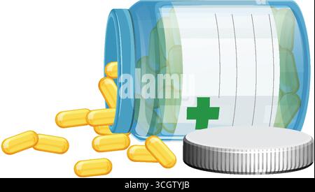 Vektor-Illustration der transparenten Pillenflasche umkippt, gelbe Kapseln verschüttet, grünes Kreuz. Stock Vektor